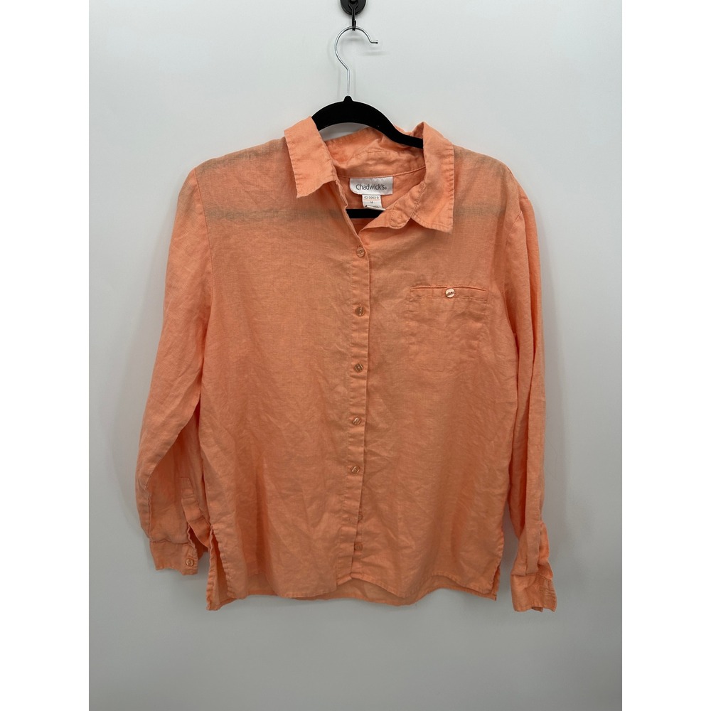 Womens 100% Linen Button Down Shirt Peach Orange Sz 14 Coastal Minimal lagenlook